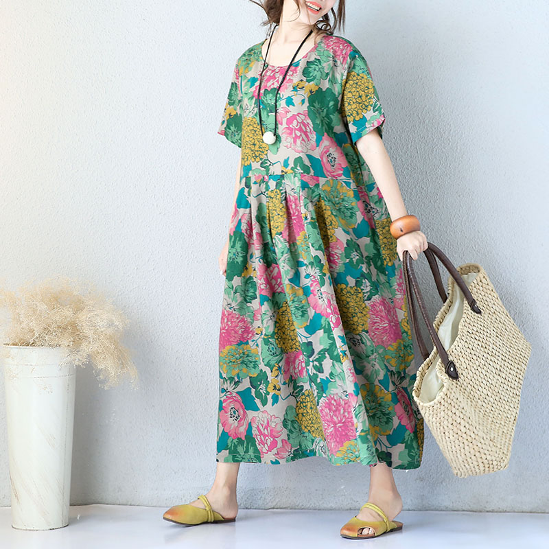 Flowers Print Linen Maxi Dress Chinese Plus Size Senior Woman Dress