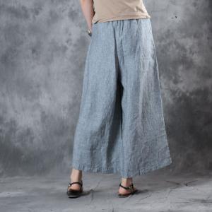 Casual Style Pinstriped Wide Leg Pants Womans Cotton Linen Baggy Trousers