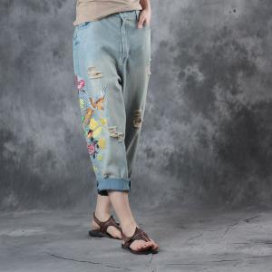 Vintage Style Chinese Embroidered Jeans Womans Wide Leg Ripped Jeans