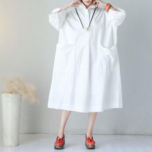 Korean Style Front Pockets Oversized Shirt Dress Letter Embroidered White Dress