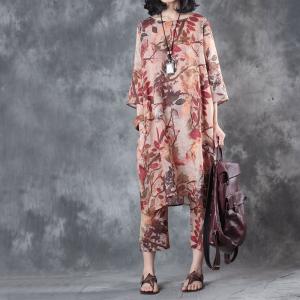High-End Branch Prints Linen Long Blouse With Customized Cropped Pants