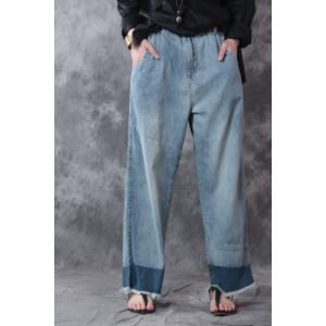 Relaxed Fit Blue Contrast Baggy Jeans Raw Hem Straight Leg Jeans