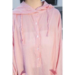 Korean Style Pinstriped Pink Hooded Dress Front Pockets Oversized Shirt Dress