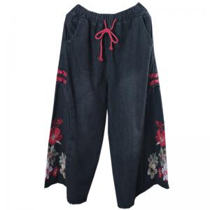 Chinese Buttons Vintage Rose Embroidered Jeans Womans Black Baggy Jeans