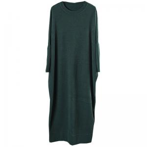 Simple Fashion Loose Sweater Dress Crew Neck Woolen Green Dress