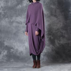 Individual Layering Cloak Dress Loose Cotton Purple Dress