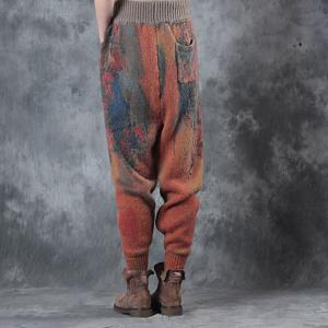 Vintage Style Woolen  Loose Pants Orange Thickening Winter Trousers