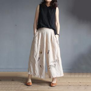 Spring Fashion Cotton Linen Pants Embroidered Wide Leg Trousers