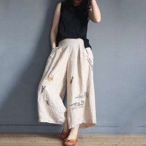Spring Fashion Cotton Linen Pants Embroidered Wide Leg Trousers