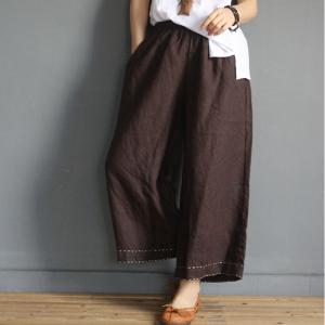 Hem Embroidered Plain Causal Pants Loose Cotton Line Slacks for Woman