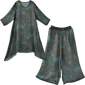 Vintage Folk Printing Silk Satin Tunic Dress with Green Wide Leg Trousers