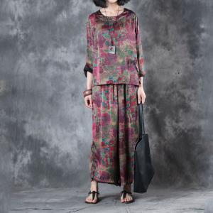 Over50 Style Printing Vintage Designer Blouse with Wide Leg Trousers