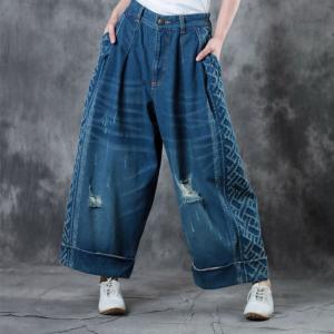 Retro Style Distressed Boyfriend Jeans Womans Wide Leg Jeans