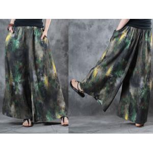 Over 50 Style Green Prints Asymmetrical Top with Cotton Linen Wide Leg Trousers