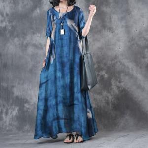 Spring Fashion Printing Blue Dress Loose Vintage Kaftan Dress