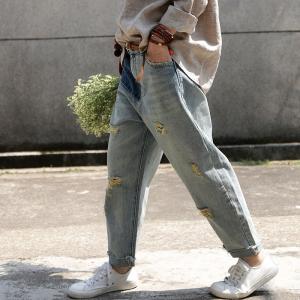 Street Fashion Womans Ripped Jeans Blue Contrast Baggy Jeans