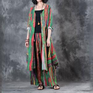 Over50 Style Colorful Stripes Ladies Shirt with Wide Leg Pants