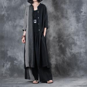 Black Contrast Long Linen Blouse Womens Loose Tunic ( Pants are not Included)