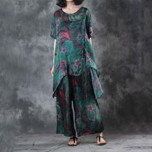Loose-Fitting Green Prints Short Sleeve Top with Silky Palazzo Pants