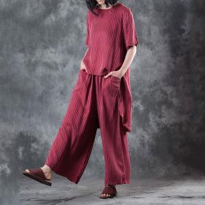 Asymmetrical Red Designer Blouse with Striped Baggy Trousers