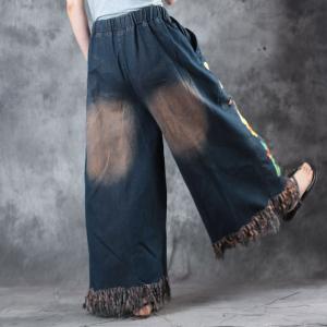 Flowers and Number Embroidered Jeans Wide Leg Fringed Jeans