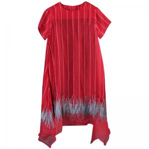 Vertical Striped Red Flare Dress Summer Embroidered Dress