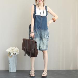 Gradient Blue Denim Plus Size Rompers Casual Ripped Overalls