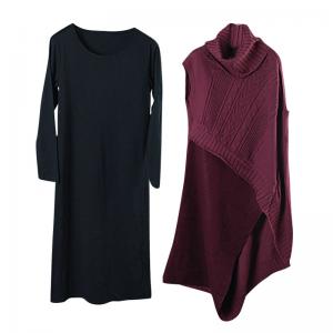 Turtle Neck Asymmetrical Knitted Sweater Dress with A Cotton Long Sleeve Dress