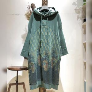Over50 Style Cotton Folk Dress Large Size Printed Hooded Dress
