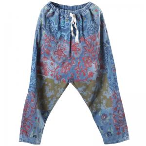 Over50 Style Blue Printed Harem Pants Baggy Cotton Street Wear