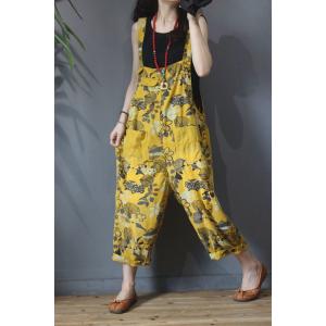 Vintage Leaf Printing Yellow Overalls Comfy Summer Dungarees