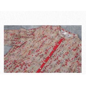 Vintage Long Red Floral Shirt Organic Ramie Designer Blouse for Woman