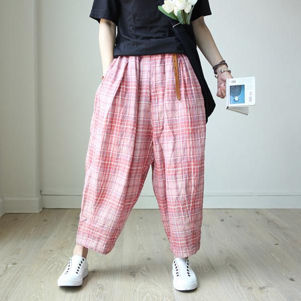 Casual Style Cotton Linen Trousers Womens Loose Gingham Pants