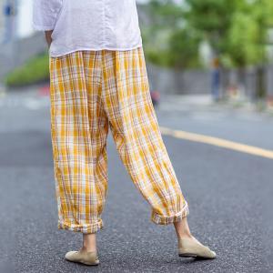 Preppy Style Linen Gingham Pants Wide Leg Linen Yellow Trousers