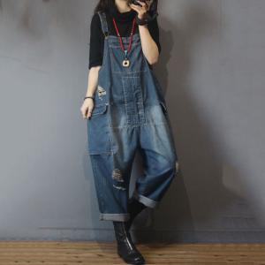 Korean Fashion Plus Size Ripped Dungarees 90s Overalls for Woman