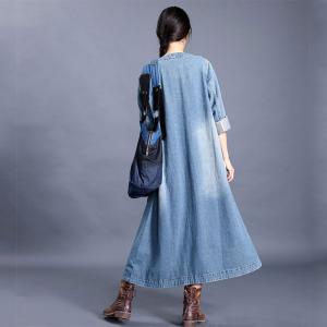 Single-Breasted Long Denim Coat Baggy Blue Outerwear