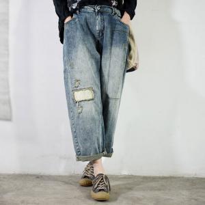 Relax-Fit Patchwork Ripped Jeans Straight Leg Korean Bootcuts