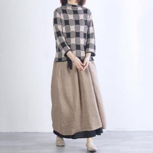 Double Layers Drawstring Loose Skirt Checkered Womens Maxi Skirt