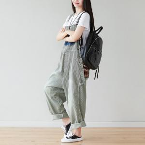 Blue Patch Pocket Baggy Dungarees Vertical Striped Grey Overalls