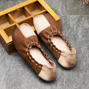 Colored Patchwork Cowhide Leather Flats Comfy Slip-On Shoes