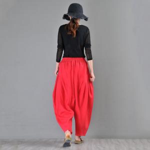 Casual Style Red Balloon Pants Womens Linen Baggy Trousers