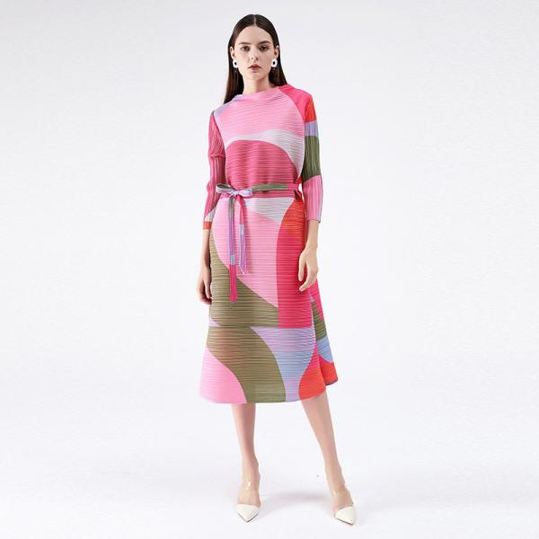 OL Style Pink Printed Shift Dress A-Line Long Sleeve Tied Dress