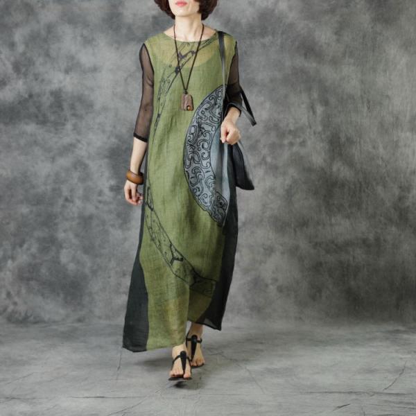 Ethnic Patterns Ramie Green Dress Lace Up Loose Dress for Senior Women