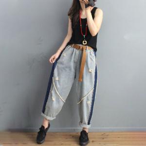 Contrast Colored Baggy Ripped Jeans Casual Korean Cuffed Jeans