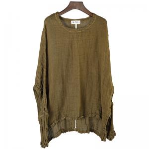 Crew Neck Pleated Flax Clothing Long Sleeve Linen Tunic for Women