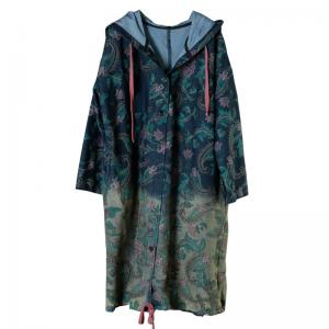 Single-Breasted Art Printed Hooded Coat Long Cotton Large Wind Coat