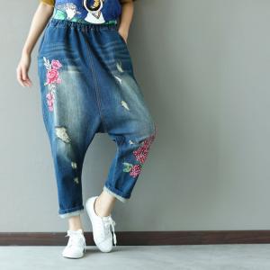 Street Fashion Rose Embroidery Harem Pants Loose Ripped Jeans