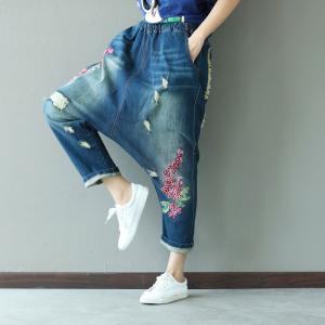 Street Fashion Rose Embroidery Harem Pants Loose Ripped Jeans