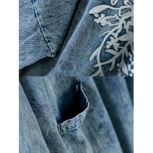 Raw Hem Stonewash Jean Coat Chinese Button Denim Embroidered Blouse
