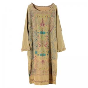 Side Slits Totem Pattern Yellow Dress Cotton Oversized T-shirt Dress